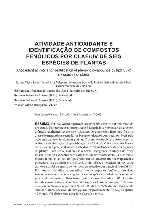 PDF Atividade antioxidante e identificação de compostos fenólicos por