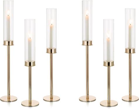 Nuptio Hurricane Glass Candle Holders 6 Set 60 And 55 And50 Cm Tall Gold Metal Candlestick Holder