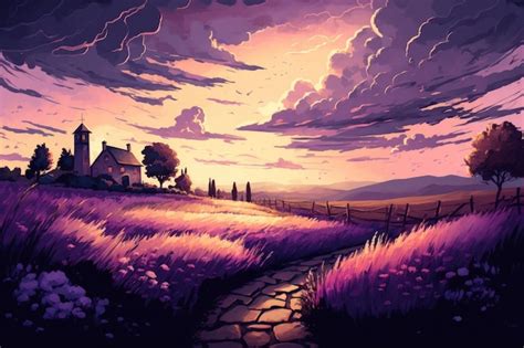 Premium Photo Lavender Fields At Sunset In A Beautiful Setting With A