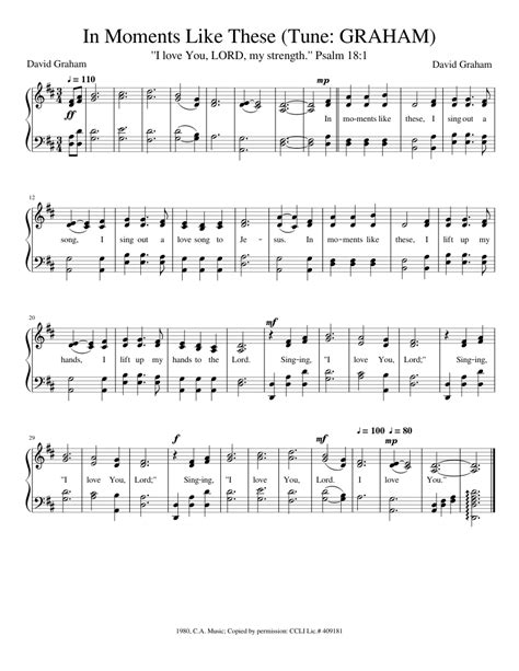 In Moments Like These Tune Graham Sheet Music For Piano Solo Easy