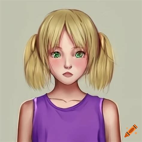 Anime Girl With Blonde Hair And Green Eyes In A Pink Sleeveless T Shirt On Craiyon