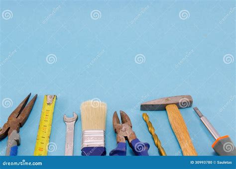 Hand Work Tools Set On Blue Background Stock Photo Image Of Brush