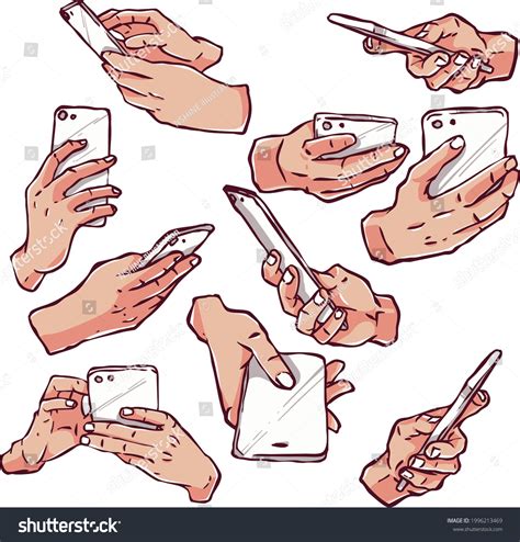 Set Hand Drawing Holding Smartphone Reference Stock Vector Royalty