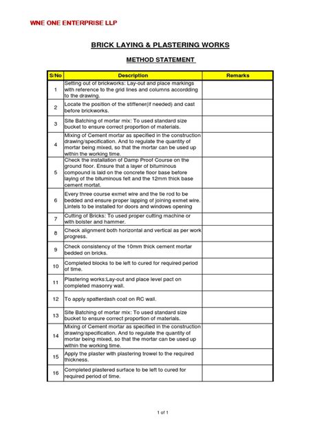 Bricks And Plastering Method Statement Mortar Masonry Plaster