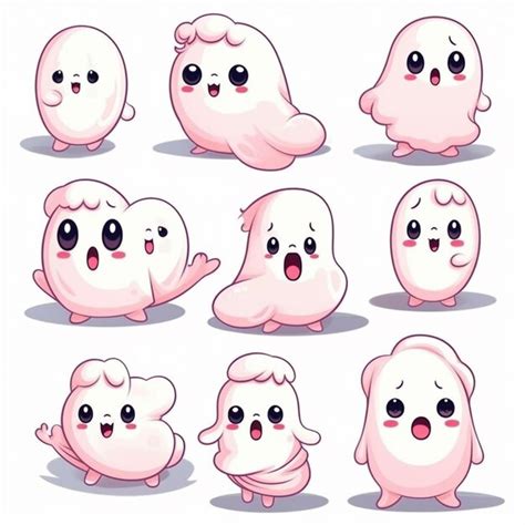 Premium Photo A Set Of Six Cartoon Characters Of A Pink Ghost With