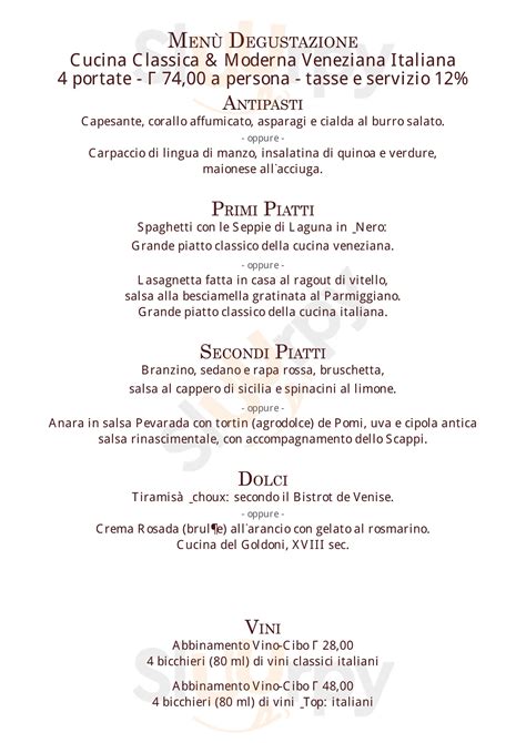 Menù Bistrot de Venise Venezia specialità e piatti del Menu completo