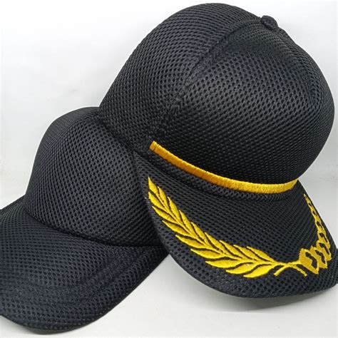 Jual TOPI DOUBLE MESS HITAM GARIS PADI KAPAS BORDIR LOGO TULISAN