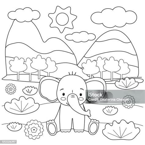 Livre De Coloriage Denfants Avec Léléphant Mignon Les Arbres Et Les