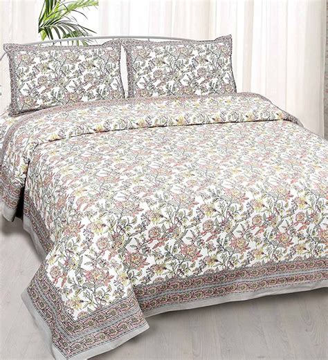 Buy Grey Floral 400 Tc 100 Cotton King Sized Bed Sheets With 2 Pillow