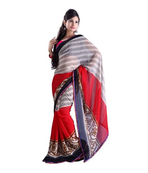 Fabdeal Red Semi Chiffon Saree Buy Fabdeal Red Semi Chiffon Saree