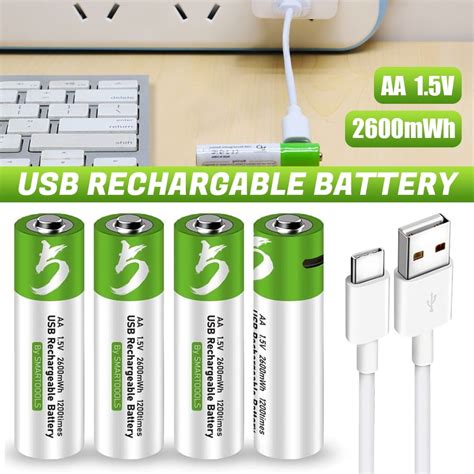 USB Rechargeable AA Battery, 1.5V / 2600mWh Rechargeable Lithium AA ...