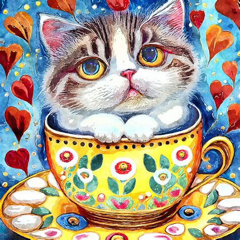 H1 5D DIY Full Round Drill Diamond Painting Cat In A Teacup Kit Home