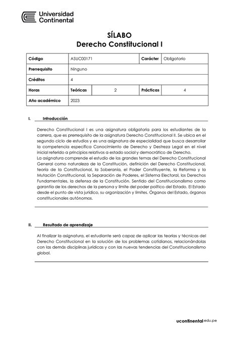 Silabo De Derecho Constitucional 1 SÍlabo Derecho Constitucional I