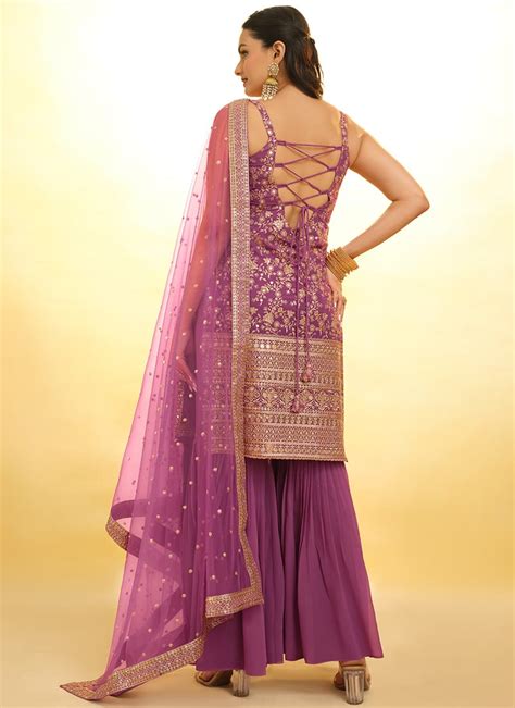 Buy Lavender Faux Georgette Puja Sharara Suit With Embroidery And