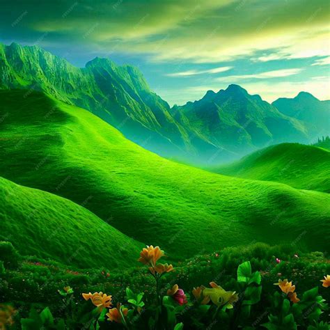 Premium Photo A Green Mountain Landscape With A Green Field And Flowers