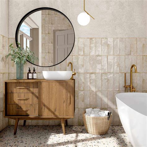 White Bath Tub And Bathroom Sink With Round Mirror