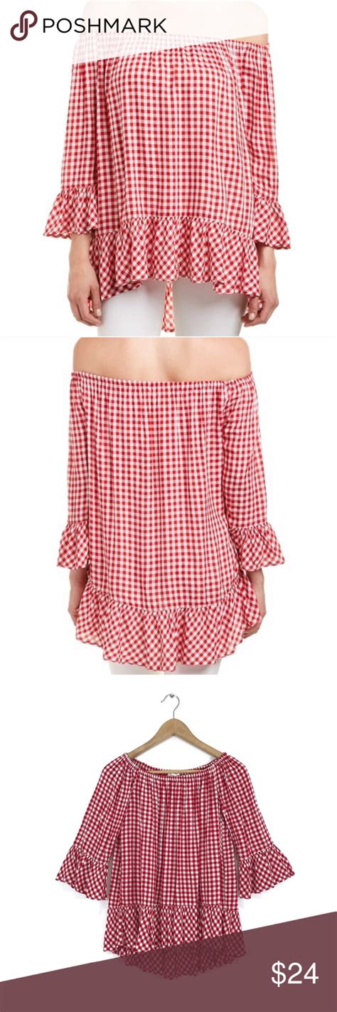 Beachlunchlounge Red Gingham Off The Shoulder Top