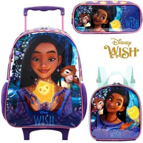 Kit Infantil Mochila De Roda Lancheira E Estojo Escolar Wish Disney