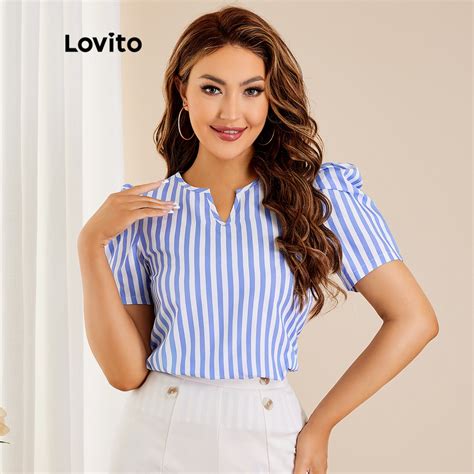 Lovito Blusa Brasil Copa Elegante Listrada Decote Fechado