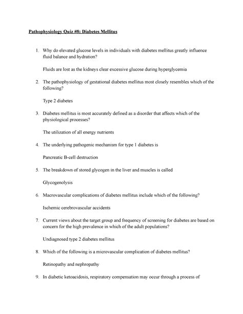 PATHO Diabetes Mellitus Quiz 8 Pathophysiology Quiz 8 Diabetes