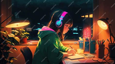 Premium AI Image | Anime Lofi Girl Relaxing Study Session with Chill Vibes