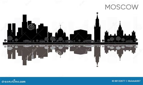 Moscow City Skyline Black And White Silhouette With Reflections Stock