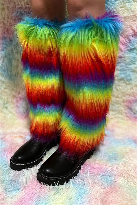 Rainbow Faux Fur Fuzzy Leg Warmer Ravebeetle