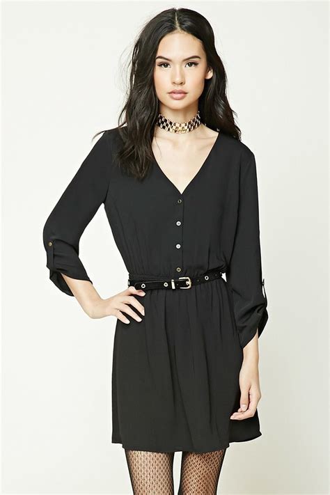 A Woven Dress Featuring A V Neckline Button Placket Button Cuffed