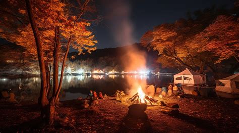 Campfire Around A Lake At Night Background Camping Bonfire November