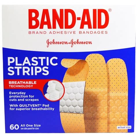 Band Aid, Adhesive Bandages, Plastic Strips, 60 Bandages - iHerb