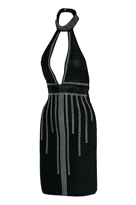 Wholesale Black Fashion Sexy Patchwork Hot Drilling Hollowed Out Backless Halter Sleeveless