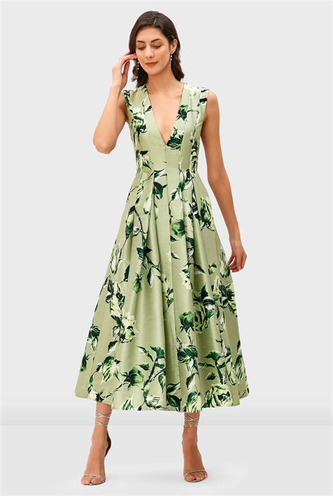 Shop Floral Print Dupioni Release Pleat Dress Eshakti