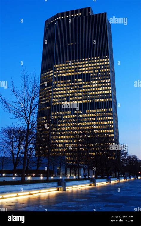 The Tall Government Office Building Is Illuminated With Interior Lights