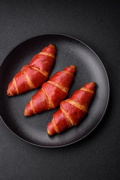 Delicioso Croissant Rojo Dulce Y Crujiente Con Relleno De Crema Sobre