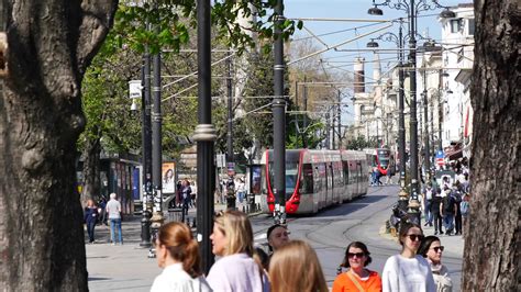 Turkey Istanbul June T Tram At Eminonu With People Crossing