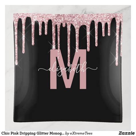 Chic Pink Dripping Glitter Monogram Name Trinket Trays Chic Pink