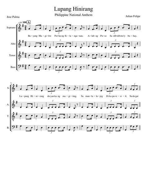 Lupang Hinirang Sheet Music For Soprano Alto Tenor Bass Voice Satb