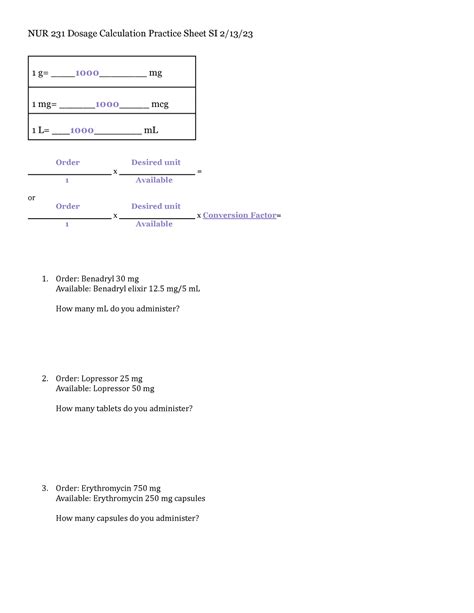 Dosage Calc Practice Nur 231 Dosage Calculation Practice Sheet Si 2 13 1 G 1000