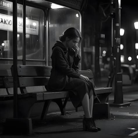 A Woman Sits On A Bench Outside Of A Bus Stop Premium Ai Generated Image