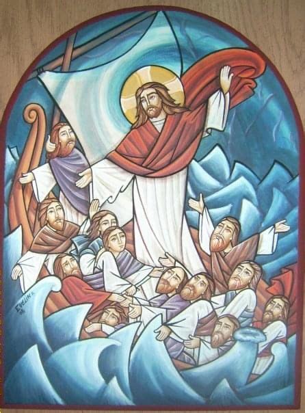 A Stained Glass Window Depicting Jesus In The Water With Other People