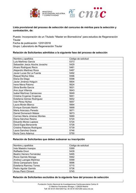 Pdf Lista Provisional Del Proceso De Selecci N Del Concurso De