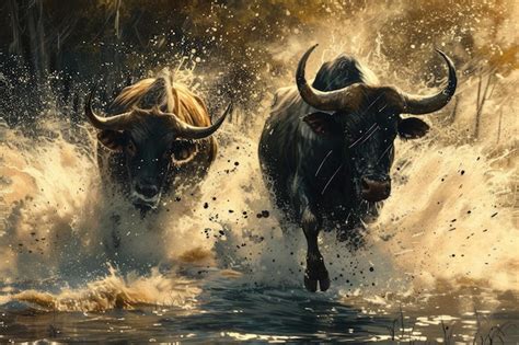 Premium Photo Charging Buffalo In Dynamic Water Splash Scene