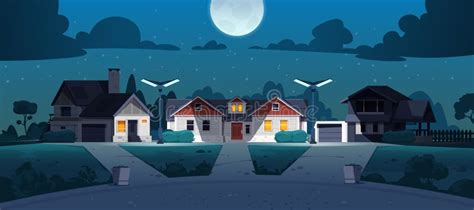 Suburban Night Street Cartoon Neighborhood Country Houses With Lawn