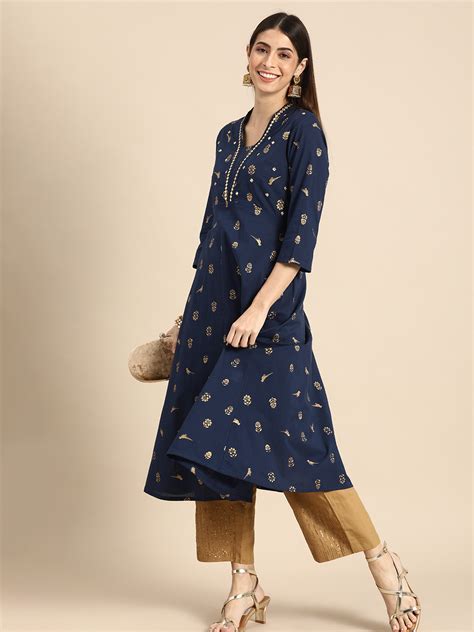 Anouk By Myntra Kurta For Women Square Neck Navy Blue Gold Toned