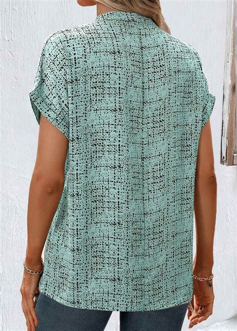 Rotita Split Geometric Print Sage Green Short Sleeve Blouse Rotita