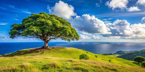 Single Sycamore Tree On A Grassy Hilltop Of Vanua Levu Overlooking