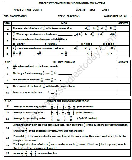 Cbse Class 6 Mathematics Fraction Worksheet