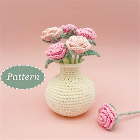 Small Rose With Vase Crochet Pattern Flower Bouquet Diy Crochet Pattern English Etsy