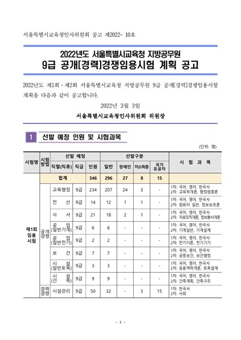 공기출 2022년도 서울특별시교육청 지방공무원 9급 공개경력경쟁임용시험 계획 공고