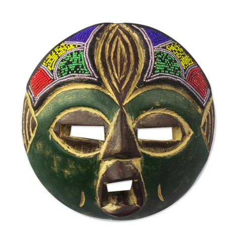 Recycled Plastic Beaded African Mask In Green From Ghana Green Face